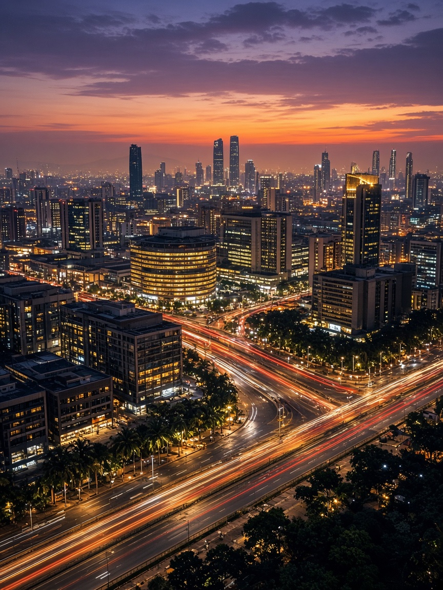 Regional commercial corridor at dusk — illustrative growth context